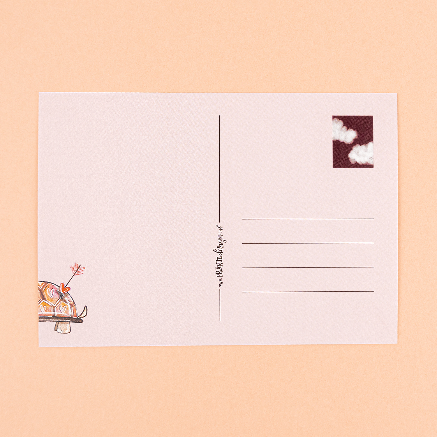 Achterzijde van geïllustreerde liefdeskaart 'Turtley in Love' van franje design