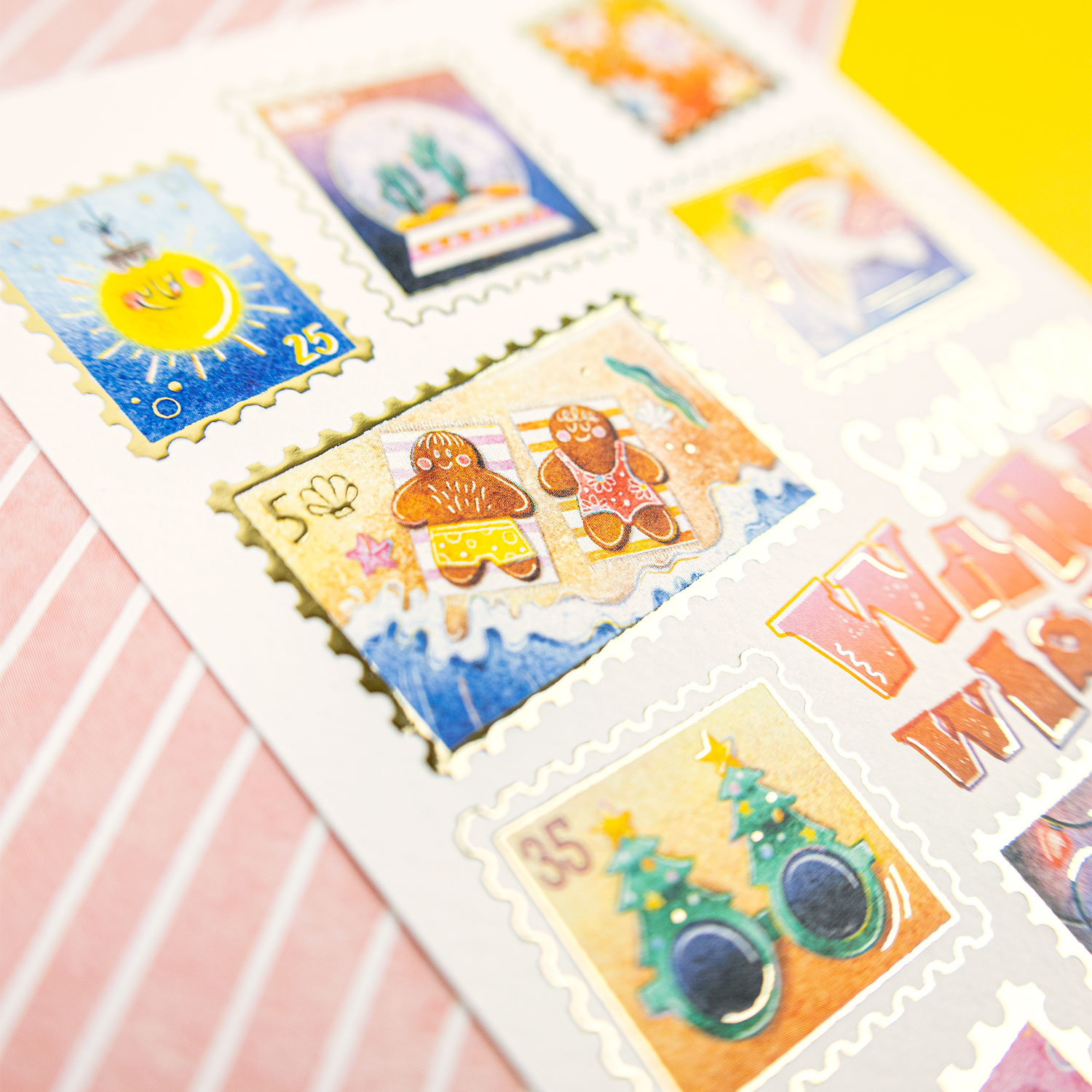 Close up of Warm Wishes postcard by Franje Design
