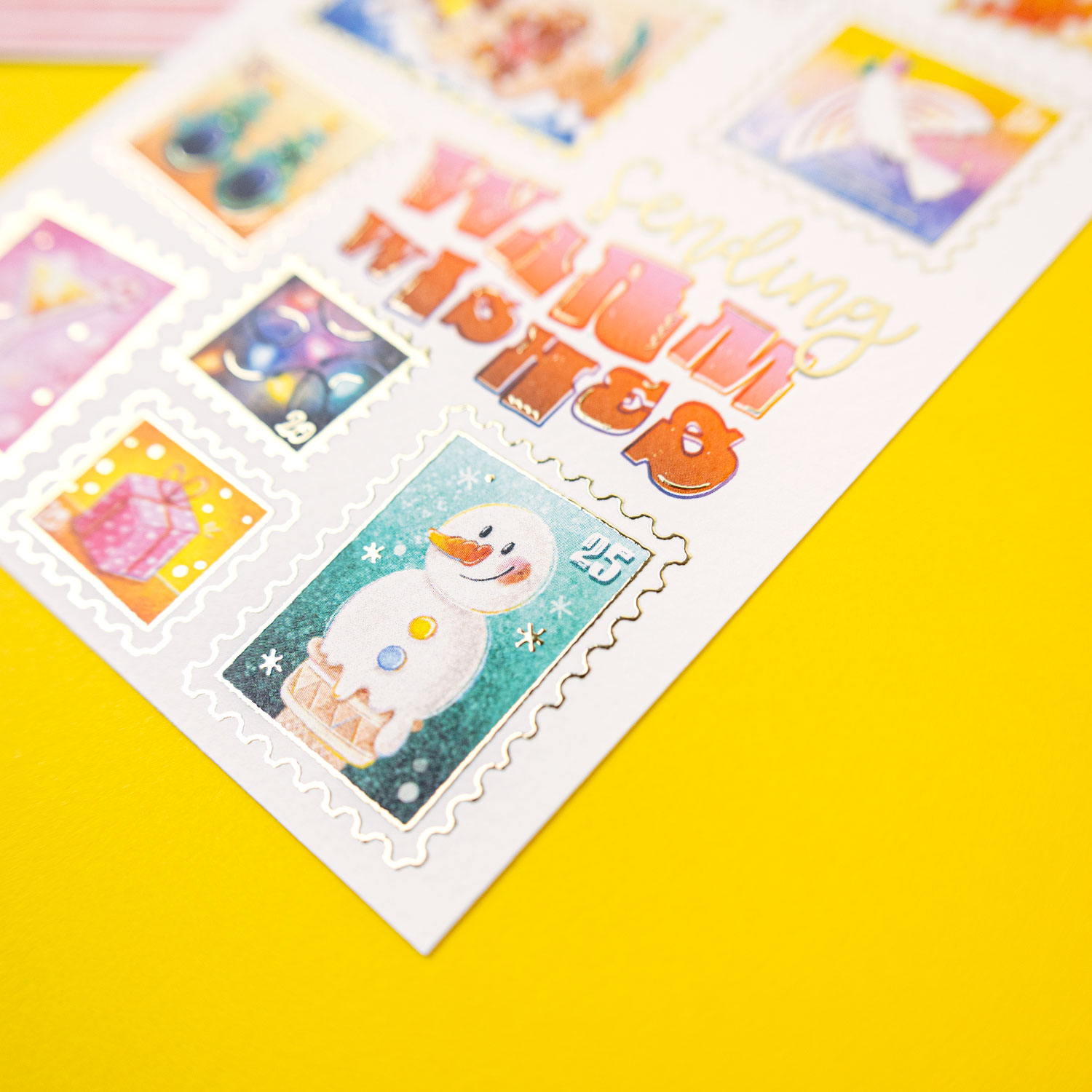 Close up of Warm Wishes postcard by Franje Design